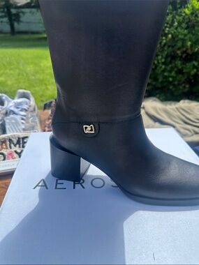 AEROSOLES Black Leather Mid-Calf Block Heel Boot with Gold Accent